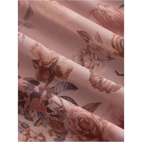 Women's Plus Size Floral Mesh Mini Dress Short Sleeve Ruched A Line - Picture 4 of 4